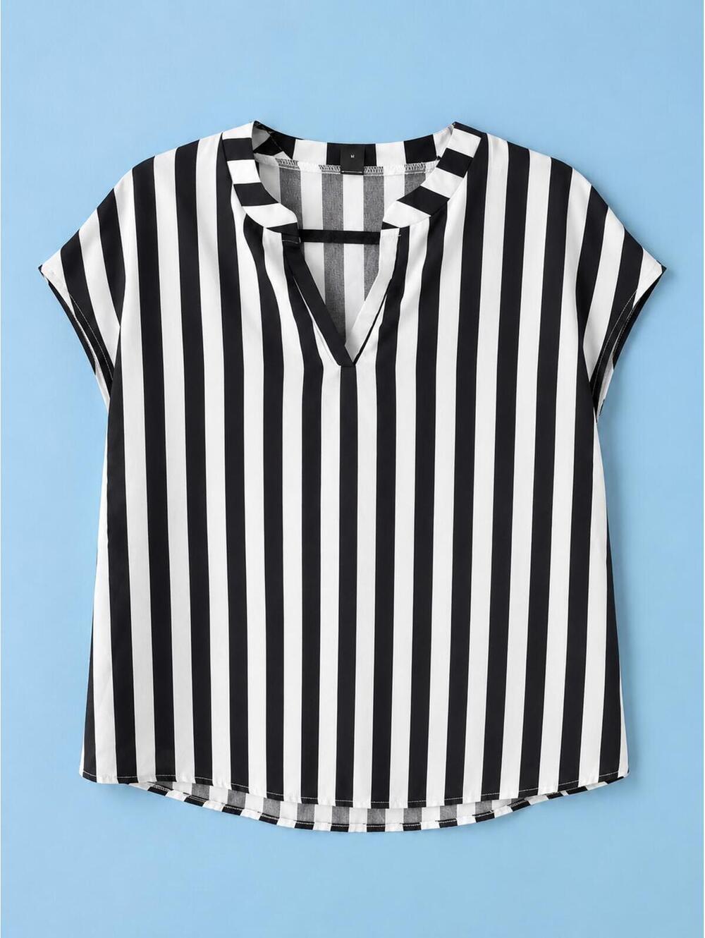 Shein Black and White Vertical Striped Short Sleeve Blouse Size XL